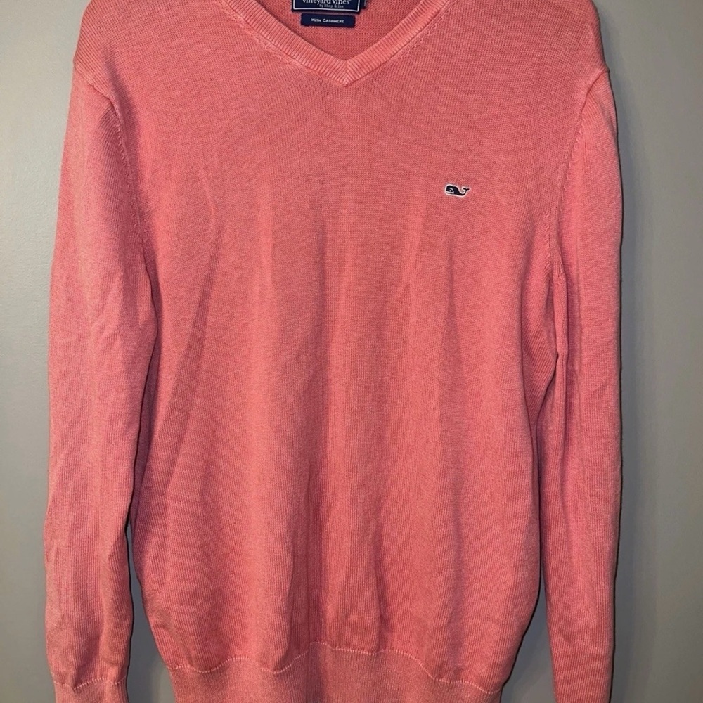 Vineyard Vines Cotton Cashmere V-neck Coral Pink Whale Logo Mens Medium***